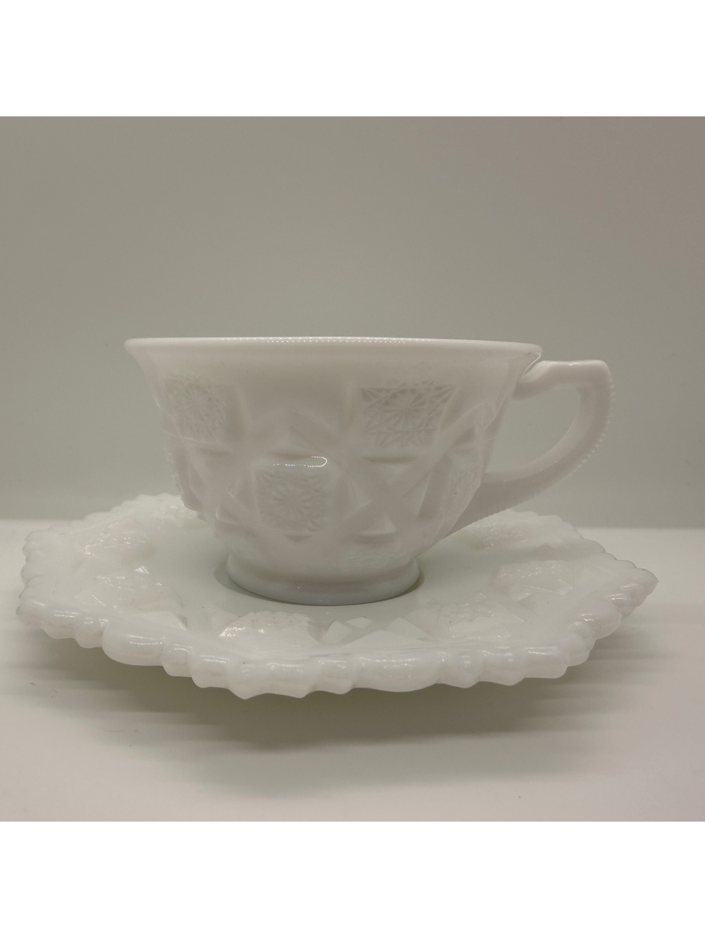Westmoreland Old Quilt Milk Glass Teacup Saucer Set Sticker